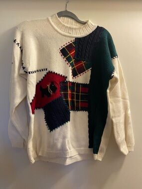 Vintage Koret Cream Knit Sweater with Black Scottie dog and patches